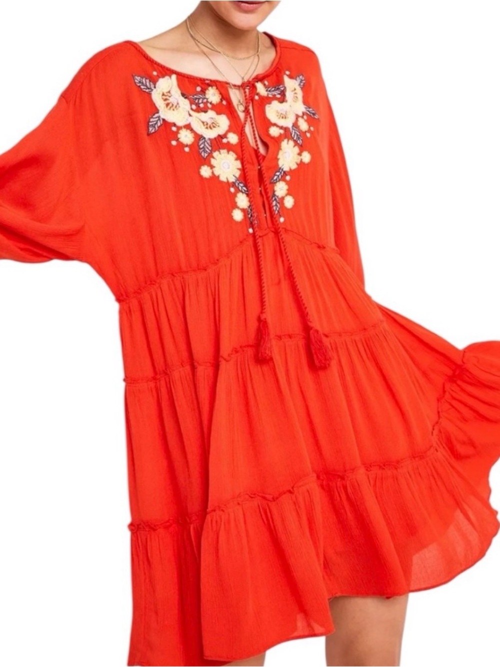 Free People Colorful Tiered Embroidered Boho Dress